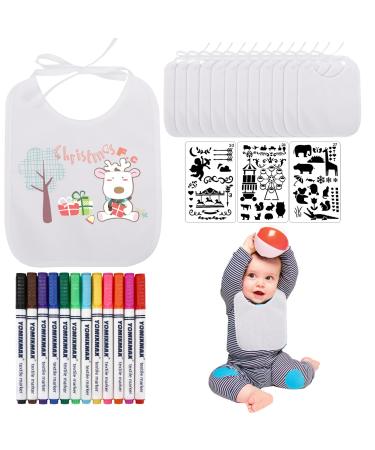 Miiepls 12 pieces of bibs to paint bib to painting for baby shines 12 textile pens and 3 times stencils baby shower games for babyshower party young girls