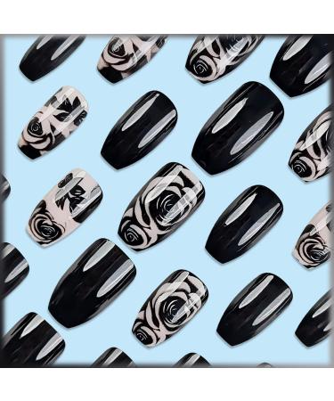 Rose Flower Press-On Nails for DIY Manicure | 24 Glossy Black Acrylic Coffin Fake Nails with Gel Glue - Chic Rose Design for Women & Girls - Buy Online on GoSupps.com