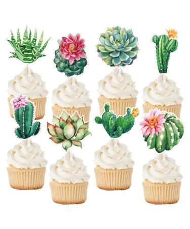 JarThenaAMCS 48Pcs Cactus Cupcake Toppers Succulent Plant Cupcake Toppers 8 Designs Assorted Cactus Cake Decorations for Birthday Holiday Summer Party Bridal Shower Decor Supplies