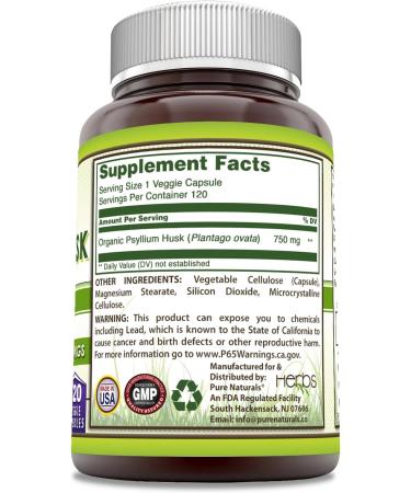 Pure Naturals Psyllium Husk Supplement | 750 Mg Per Serving | Veggie Capsules | Non-GMO | Gluten-Free | Made in USA (120 Count) - Buy Online on GoSupps.com