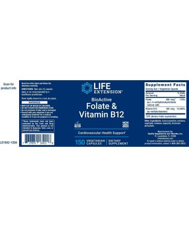 Life Extension BioActive Folate & Vitamin B12 150 Vegetarian Capsules - B-9 Methyl Folic Acid & B-12 Cofactor Veg Caps - Non GMO, Gluten Free, Supports Mood & Methylation - 150 Count - Buy Online on GoSupps.com