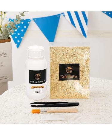 110ml Gilding Adhesive Kit with 5g Gold Flakes - Epoxy Resin Water Based Glue for Gold Leafing on Canvas and Furniture - DIY with Gilding Brush and Gloves - Buy Online on GoSupps.com