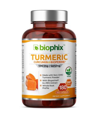 Organic Turmeric Curcumin 1310 mg 180 Vcaps with BioPerine - Powerful Antioxidant - Supports Immune and Joint Health