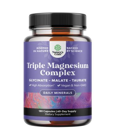 Triple Magnesium Complex Supplement - High Absorption Magnesium Glycinate Malate & Taurate Blend for Muscles Energy Support & Heart Health - Triple Mg Complex 400 mg Capsules - 180 Count 180 Count (Pack of 1)