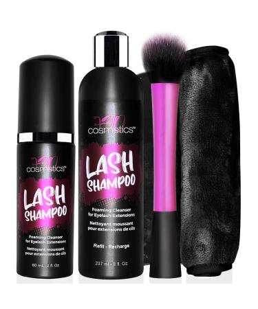 Eyelash Extension Cleansing Set with Foaming Shampoo Refill Bottle Brush and Makeup Remover Towel - Non-irritating Cleanser for Extensions and Natural Lashes