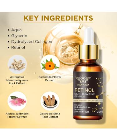 LADY NADA Retinol Eye Serum - Hydrating Anti-Aging Night Repair for Dark Circles & Fine Lines - Collagen & Natural Extracts - 1.00 Fl Oz - Buy Online on GoSupps.com