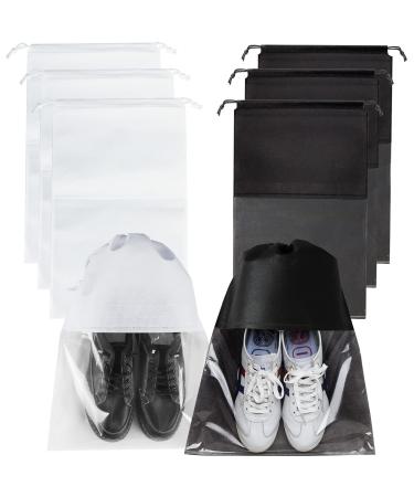 6PCSTravel Shoe Bags, Drawstring Non-Woven Shoe Storage Bags, Large Household Portable Shoes Organizers, Dustproof & Waterproof Sports Shoe Bags for Men Women (White & Black)