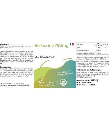 Vitamin trend Berberine HCl 750mg with zinc high dosage vegan 250 tablets Vitamintrend - Buy Online on GoSupps.com