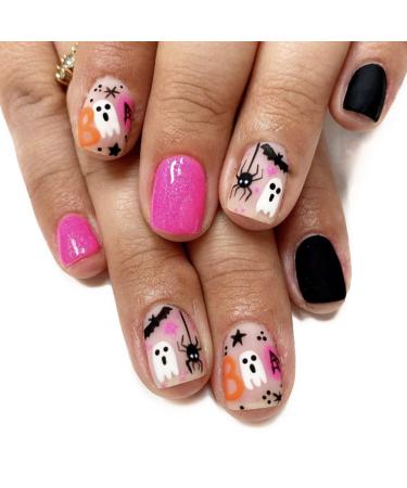 Short Square Press on Nails Halloween Fake Nails Glossy False Nails Pink Black Acrylic Nails Ghost Spider Artificial Nails Full Cover Star Bat Stick on Nails Cute Glue on Nails for Women Manicure Halloween nails 11