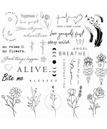 Tattoonova Realistic Temporary Tattoo 48 Designs Quote Word Inspirational Words Wild Flower Floral Bouquet for Women Girls