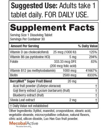 Purity Hair Skin + Nails Melt - B12 & Biotin Energy Berry Melt - Berry Lemonade Flavor - 30 Melting Tablets - Buy Online on GoSupps.com