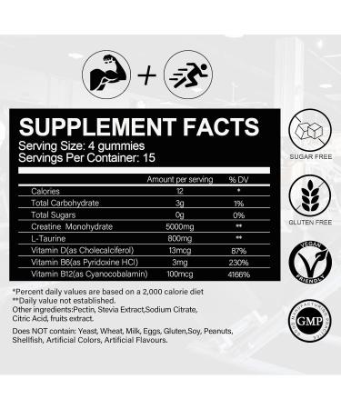 Sugar Free Creatine Monohydrate Gummies - 5g Vegan Energy Chewables with Taurine B6 & B12 for Muscle Strength - 120 Count Mixed Berries - Buy Online on GoSupps.com