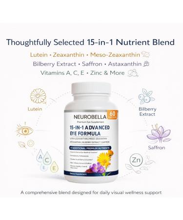 Neurobella Eye Formula 15 in 1 Daily Eye Wellness Supplement with Lutein Zeaxanthin Bilberry & Vitamins Clean Capsule Formula for Adult Wellness Routine (1) - Buy Online on GoSupps.com