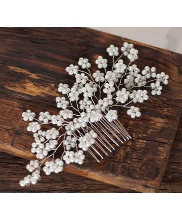Chargances Pearl Beads Hair Comb for Women and Girls Wedding Bridal Hair Piece Boho Hair Accessories (Silver)