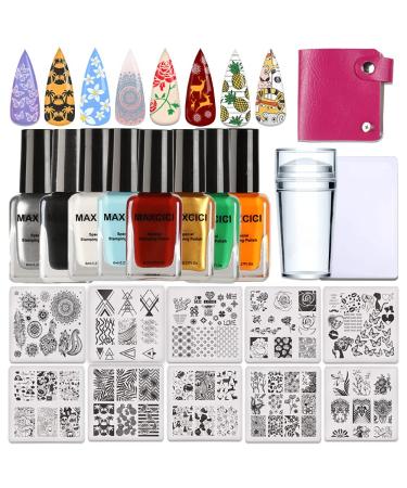 Nail Stamper Kit 8 Colors Nail Stamping Polish10pcs Nail Stamping Plates Nail Stamper Kit Storge Bag Soak Off UV LED Gel Stamping Polish Nail Painting Polish Nail Design Stamper Plates Nail Stamping Kit A