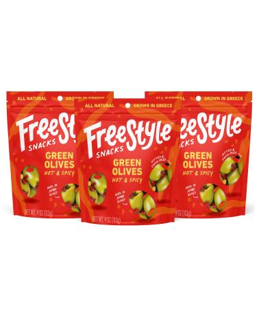 Freestyle Snacks Olive Snack Packs - Fresh Pitted Green Olives, Jumbo-Sized, Grown in Greece, All Natural, Non-GMO, Paleo, Sugar-Free, Keto Snacks, Salty Snack - Hot & Spicy, 4oz (3 Pack)