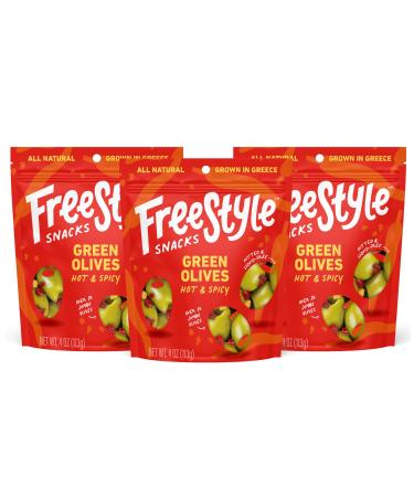 Freestyle Snacks Olive Snack Packs - Fresh Pitted Green Olives, Jumbo-Sized, Grown in Greece, All Natural, Non-GMO, Paleo, Sugar-Free, Keto Snacks, Salty Snack - Hot & Spicy, 4oz (3 Pack) - Buy Online on GoSupps.com