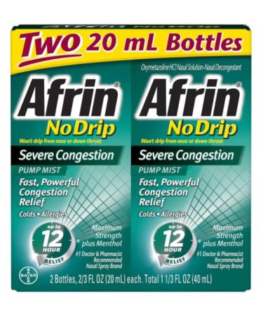 Afrin No Drip Severe Congestion 12 Hours Relief Nasal Decongestant Bottle, 0.67 Fl Oz (Pack of 2)