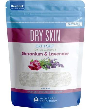 Dry Skin Bath Salt 32 Ounces Epsom Salt with Natural Geranium  Lavender  Ylang Ylang  and Lemon Essential Oils Plus Vitamin C in BPA Free Pouch with Easy Press-Lock Seal 2 Pound (Pack of 1)