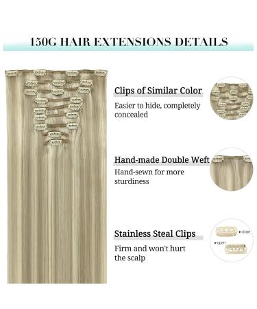 Doores Real Hair Extensions Clip - Ash Blonde Highlights Platinum Blonde 16 Inch 150g Remy Human Hair 9 Pieces - Natural Clip-In Hair Extensions - Buy Online on GoSupps.com