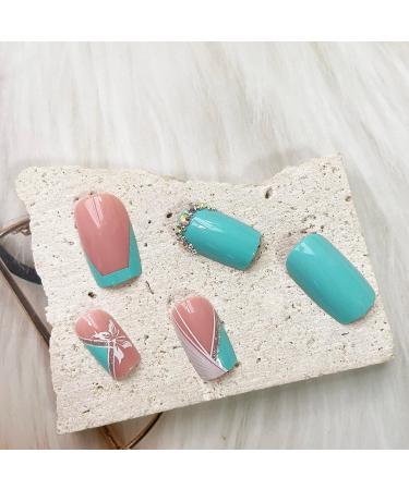 Blue Butterfly Rhinestone French Tip Press On Nails - Square False Nails for Women - Spring/Summer Medium Acrylic Stick On Nails - Buy Online on GoSupps.com