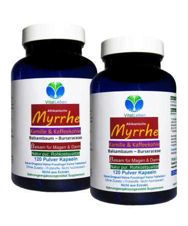 Myrrh + chamomile + coffee coal 240 powder capsules (2x120) for the stressed intestine to Ayurveda and Hildegard von Bingen - Pure nature - without additives 4 months 27160-2 240 (2x120) capsules