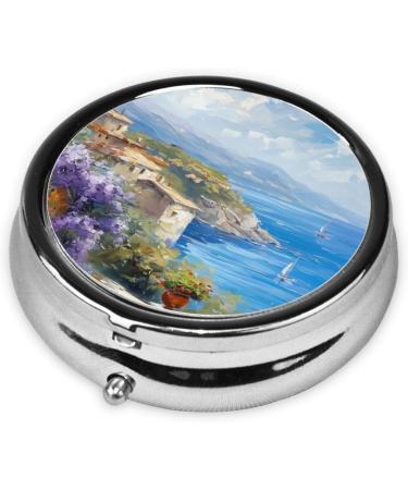 Seaside Town Oil Painting Portable Metal Pill Box - Round Mini 3-Compartment - Travel-Friendly Design for Small Pills - Buy Online on GoSupps.com