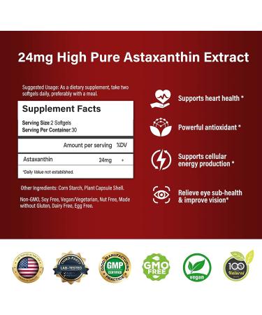 Astaxanthin 24mg Softgels - Immune & Antioxidant Support - Cardiovascular, Brain & Eye Health - Vegan (60 count) - Buy Online on GoSupps.com