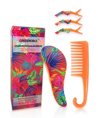 Detangling Hairbrush and Comb Set - Detangling Brush for Wet, Dry, Curly, Women & Kids Hair with Wide Tooth Comb and 3 Alligator Styling Sectioning Clips of Professional Hair Salon Quality (Tropica Plants)