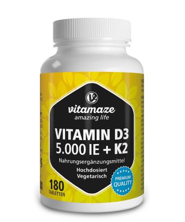 VITAMAZE vitamin D3 K2 high dose (1+ years) 5000 IE vitamin D3 + 100 MCG vitamin K2 MK7 All Trans 180 tablets vitamin D without unnecessary additives vitamin D3 + K2 in Germany - Buy Online on GoSupps.com