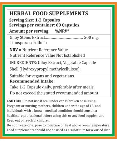 Giloy Forte Capsules 500 mg. 60 Veg. Capsule | Guduchi (Tinospora Cordifolia) Extract Capsules for Men and Women | Indian Ayurvedic Herbal Supplement/Remedies (1 Bottle of 60 Capsules) 60 Count (Pack of 1) - Buy Online on GoSupps.com