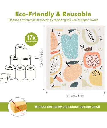 Set of 6 Kitchen Swedish Dishcloths Scandi Nordic Doodle Fruits Rainbow Cleaning Cloths Strong Absorbent and Quick Drying Dish Towels Reusable Cloths for Counter Wipes Art Deco Farmhouse - Buy Online on GoSupps.com