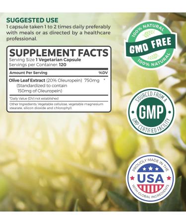 Super Strength Non-GMO Olive Leaf Extract - 750mg - 120 Capsules - Immune Support & Skin Health Supplement with 20% Oleuropein - Vegetarian Formula - Powerful Antioxidants - Buy Online on GoSupps.com