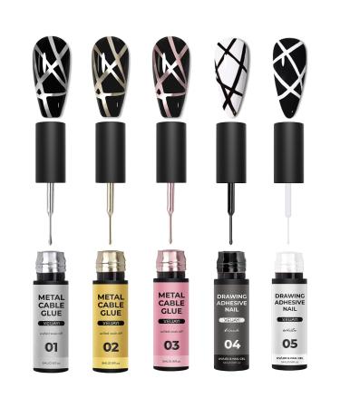 Gel Nail Polish Set Metallic Nail Art Gel Liner White Black Silver Gold Rose Gold Painted Gel Polish for French Tip 5 Color UV/LED Soak Off French Manicure Kit for Nail Art Salon