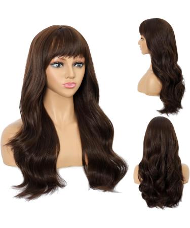 FAELBATY Long Brown Curly Wave Wig with Bangs - 26 Synthetic Cosplay Wig for Women - Buy Online on GoSupps.com