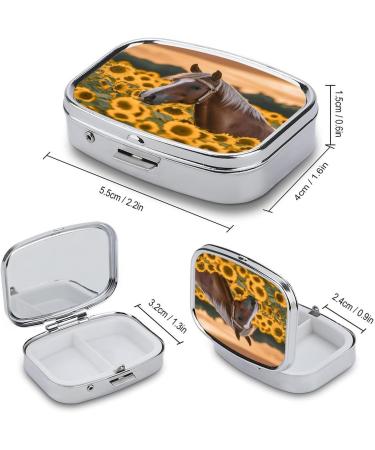 Yellow Sunflower Horse Print Pill Box | 2 Compartment Decorative Metal Organizer for Travel | Portable Medicine Case for Pocket & Purse - Buy Online on GoSupps.com