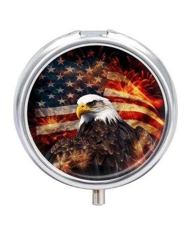 Round Pill Box American Flag Fire Eagle Print 3 Compartment Medicine Pill Case Print Pill Organizer Decorative Metal Portable Pill Box Pocket Pill Box Style