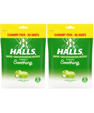 HALLS Throat Soothing Green Apple Cough Drops Economy Pack 80 Drops (Pack of 2)