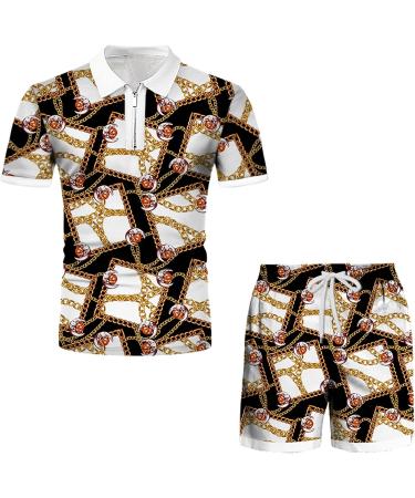 NaRHbrg Men's Printed Zipper Polo Tee Shirt and Shorts Set - Yellow | Sports Tracksuits - Medium - Buy Online on GoSupps.com