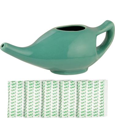 HEALTHANDWEALTH Leak Proof Durable Porcelain Ceramic Neti Pot for Nasal Cleansing Turquoise Color | Natural Treatment for Sinus Infection and Congestion with 10 Sachets of Neti Salt