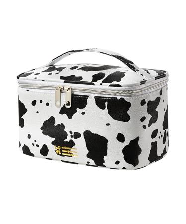 Makeup Bag,Cosmetic Travel Bag for Women Girls, Large Portable Travel Size Toiletries,Travel Accessories for Makeup Brushes Jewelry Organizer with Cute Milk Cow Print (White)