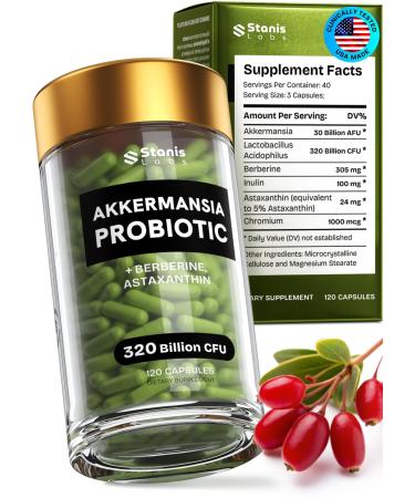 Akkermansia Muciniphila Probiotics 320 Billion CFU| Probiotic and Prebiotic | Akkermansia Probiotics for gut health | Inulin Prebiotic Fiber Capsules Astaxanthin & Berberine & Chromium | 120 capsules