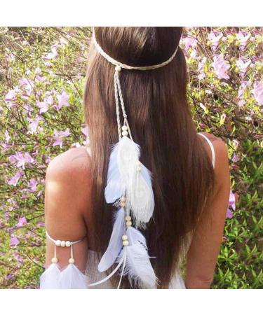 Nicute Boho Feather Headbands Peacoak Headpieces Festival Costumes Hair Accessories for Women and Girls (Beige)