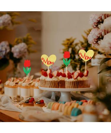 Arthsdite Happy Mothers Day Cupcake Toppers Flower Cupcake Picks Love Mom Heart Cake Decoration Party Supplies for Mother's Day Party Decorations Supply- Red Glitter Red Flower - Buy Online on GoSupps.com