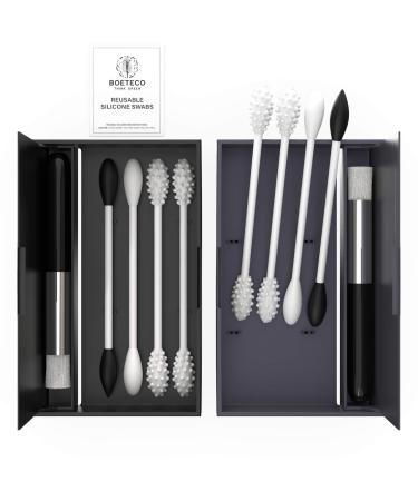BOETECO Reusable qtip Ear Swab and Makeup Swabs Kit. 2 Cases with 8 Reusable Silicone Cotton Swabs for Ears Baby Beauty (8Swabs 2Cases Black & Grey) 10 Piece Set Black & Grey