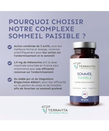 Peaceful Sleep | Melatonin 1.9mg + GABA + Magnesium Bisglycinate + Vita B6 | Anti Stress for Fast Sleep and a Repairing Sleep | 60 Vegetable Capsules | Made in France Terravita - Buy Online on GoSupps.com