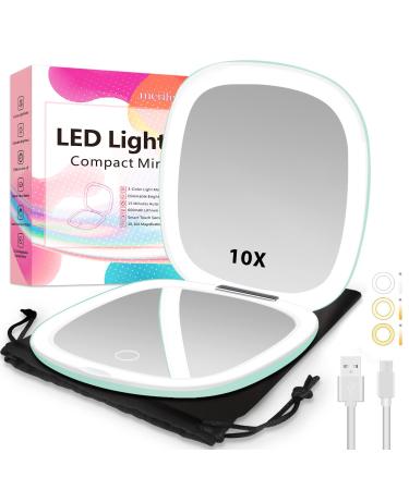 merifun Lighted Compact Mirror 2-Sided 1X/10X Magnifying Mirror-USB Charging  Touch Screen  56 LED Lights  3-Colors & Brightness Dimmable  Portable 4 inch Folding for Travel On The Go (Aqua)  Green