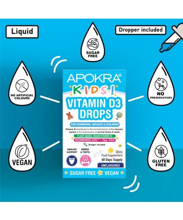 Vitamin D Drops for Kids - 60 Days Supply - 400IU in MCT Oil - Vegan & Sugar-Free | APOKRA Kids - Buy Online on GoSupps.com
