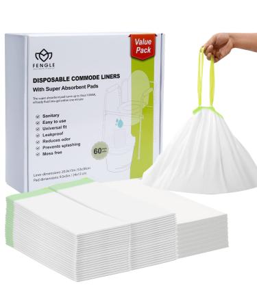 Fengle 60 Pack Commode Liners with Absorbent Pads 60 Strong Portable Toilet Bags and 60 Super Commode Pads for Bedside Toilet Chair Buckets Bedpans Easy for Seniors & Disabled or Camping