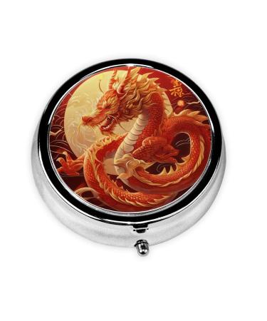 China's Dragons Portable Metal Pill Box Round Mini 3-Compartment Plastic Insert hinged Fastening Design Suitable for Small Pills Must-Have for Travel